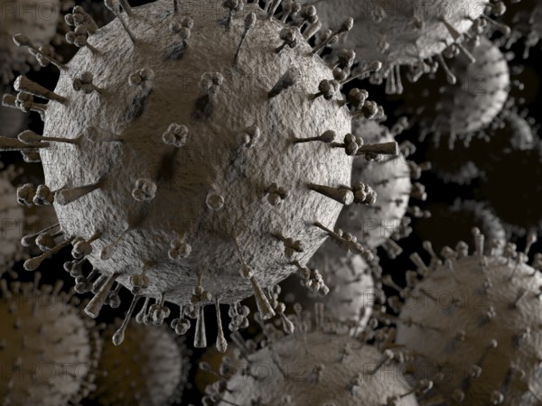 Flu virus H1N1 H5N1 influenza A virus particles, virions. 3D illustration of spreading virus Swine
