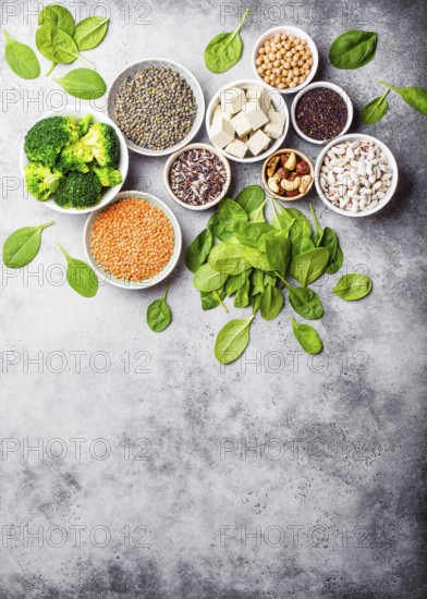 Top view of different vegan protein sources with space for text: beans, lentils, quinoa, tofu,