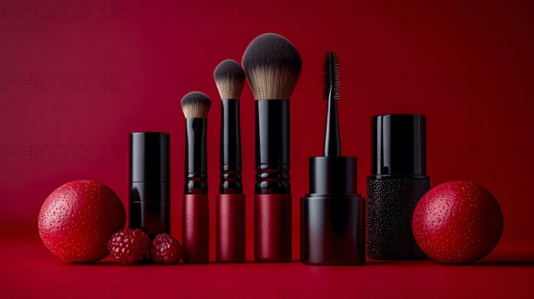 Black and red makeup brushes with textured red spheres and mascara, creating an elegant and