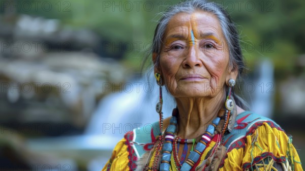 An elder woman in colorful traditional attire with a proud expression, standing near a waterfall