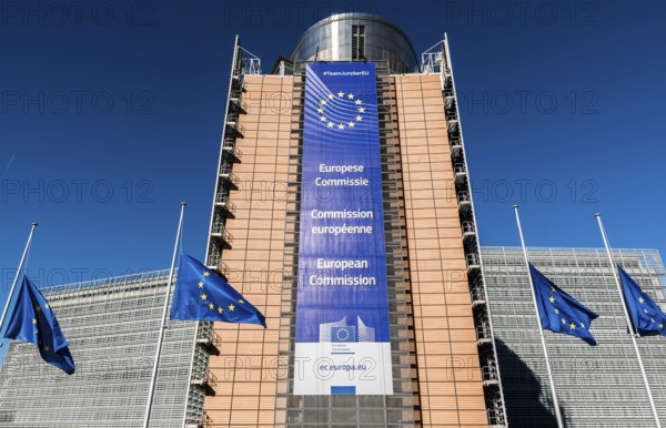 City of Brussels, Belgium, 02 15 2019: Wide angle view of the facade of the Berlaymont building,