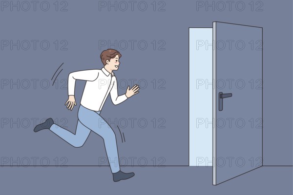 Young man running into open door strive for happy future and career success. Male in hurry move
