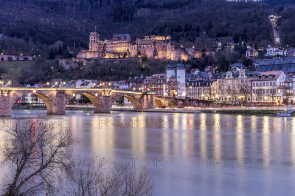 Night view of Heidelberg with illuminated castle and bridge over the Neckar, Old bridge in