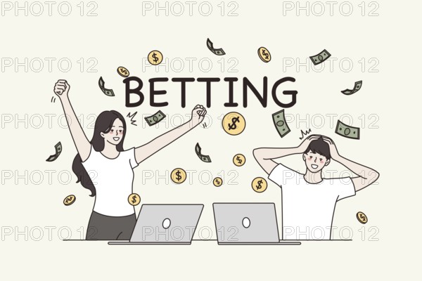 Online betting and bet service concept. sports game. Young happy smiling couple cartoon characters