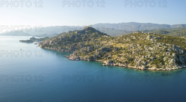 Aerial view of coast and Kalekoy Castle near Kekova, Turkey, Asia