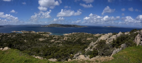 Granite rocks on a hill, bay, island and archipelago of La Maddalena, panoramic view, near