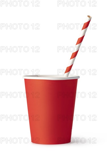 Red cardboard cup with a straw. Isolated on a white