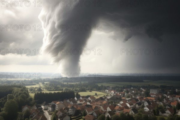 A tornado moves towards a housing estate with great destructive force, tornado, severe weather,