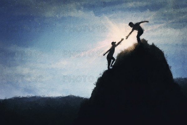 Conceptual painting with two friends climbing a mountain together, helping each other to reach the