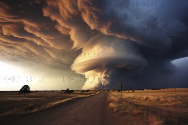 A huge tornado in the sky, road in front, natural disaster, severe weather, climate change, AI