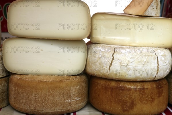 Aged french cheese wheels stacked on the marketplace