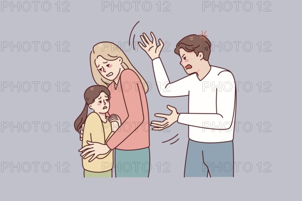 Mother protect child from aggressive father. Woman hide kid from authoritarian husband. Family