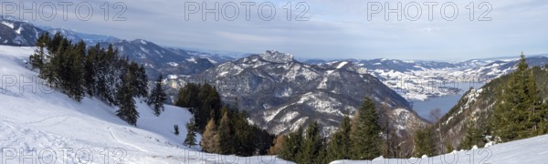 View of the Mondsee, winter landscape, snow-covered alpine peaks, Schafbergalm, panoramic shot,
