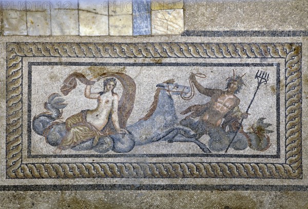 Mosaic (Poseidon abducts Amphitrite with seahorse Hippokampos) in hillside houses (Yamaþ Evleri),