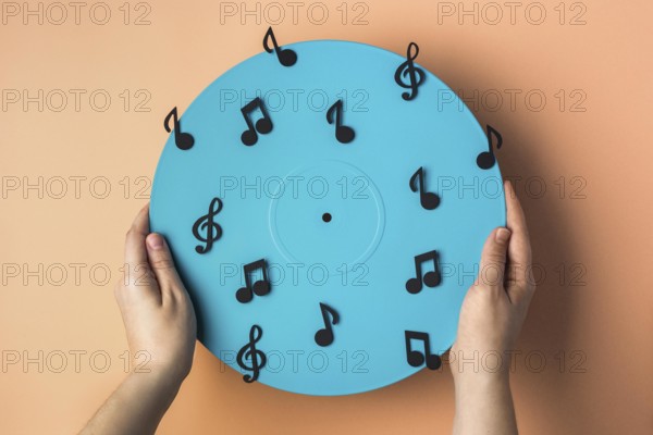 Top view blue vinyl with musical notes