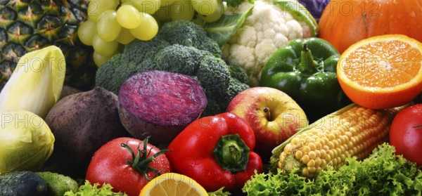 Composition with variety of fresh vegetables and fruits