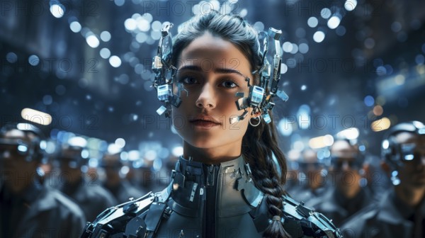 Portrait of a woman wearing a futuristic robotic headset against a blurred background of similar