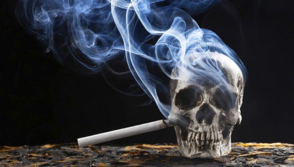 AI generated, A skull and a burning cigarette, Smoking kills