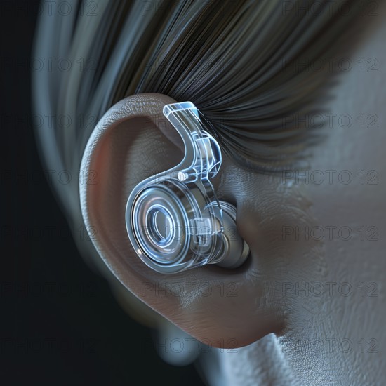 Digital representation of a human ear with a stylised, silver hearing aid, AI generated