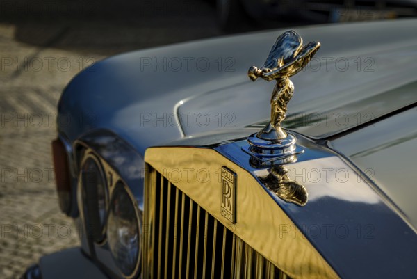 Lisbon, Portugal, Jan 20, 2024: Close-up and selective focus on the Rolls-Royce mascot hood