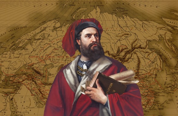 Marco Polo, c.?1254 –1324, an Italian merchant, explorer and writer, map of his travels, digital