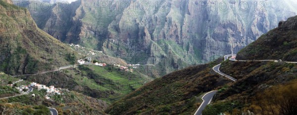 Panoramic panorama view of village of Masca on Tenerife, Mountain road, pass, in rugged volvanic