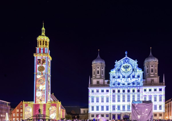 AUGSBURG, GERMANY - OCTOBER 24: Illuminated historic buildings (town hall and perlach tower) at the