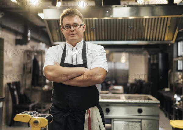 Front view male chef posing with arms crossed kitchen