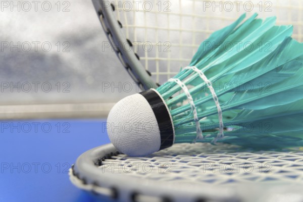Badminton feather shuttlecocks in green with badminton rackets in a close up view