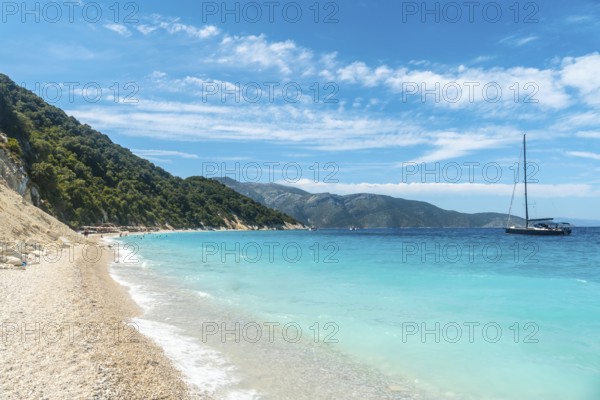 Luxury boats at Gidaki Beach on the island of Ithaki or Ithaca in the Ionian Sea in the