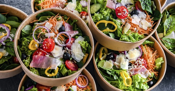 Round paper boxes with pre-packaged vegetable salads ready for sale