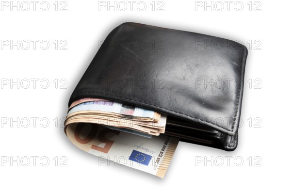 wallet filled with lots of cash isolated on white background