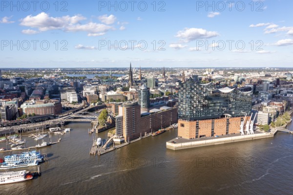 Panorama photo, drone photo, aerial photo, Hafencity, Speicherstadt, Elbe, Steinwerder, Elbe