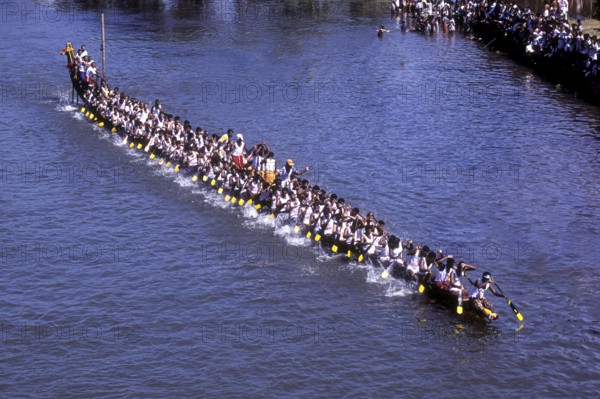 Birds eye view of snake Boat Racing at Payippad near Haripad, Kerala, South India, India, Asia