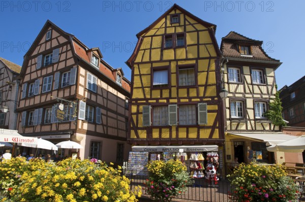 Half-timbered houses and restaurants, Quartier des Tanneurs, tanners' quarter, old town of Colmar,