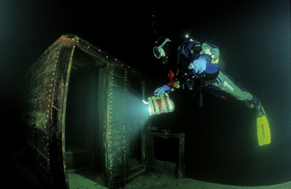 Diver at the Jura, wreck diving, Germany, Lake Constance, Baden Würtemberg, Europe