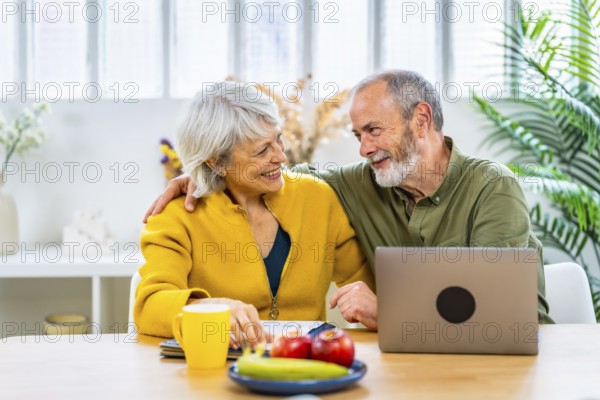 Senior couple celebrating good news on household budget sitting on the living room using laptop
