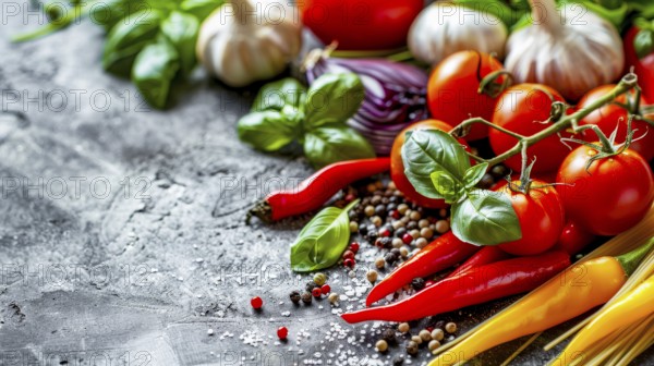 Raw ingredients like tomatoes, basil, garlic, and chili peppers on a rustic gray background, AI