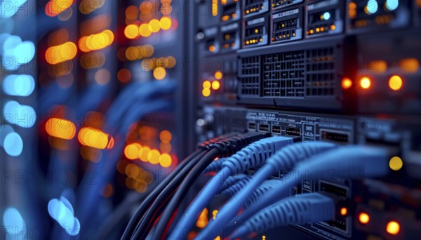 Focused network cables with defocused blue lights in a server room, AI generated