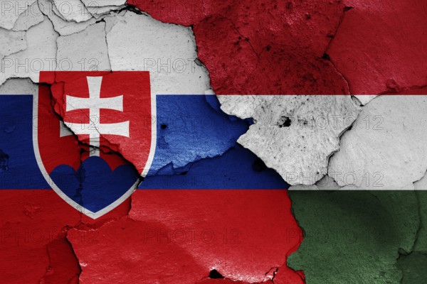 Flags of Slovakia and Hungary painted on cracked wall