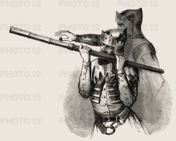 Two soldiers using a hand cannon, Bâton à feu, 14th century