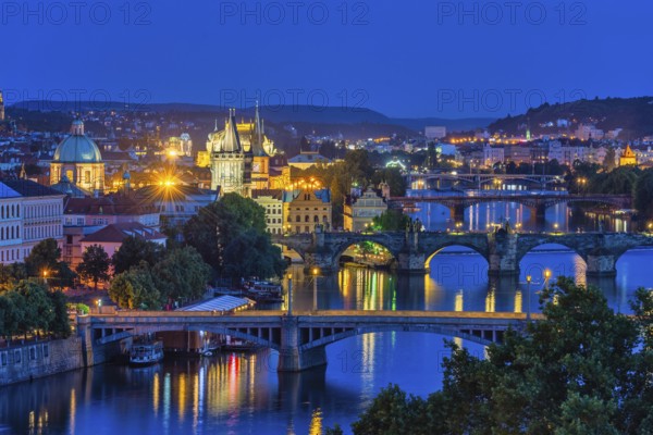 Prague Czech Republic, high angle view night city skyline at Charles Bridge and Vltava River,