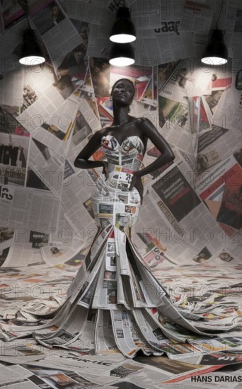 Artistically lit female model wearing an avant-garde dress made of newspapers, AI generated