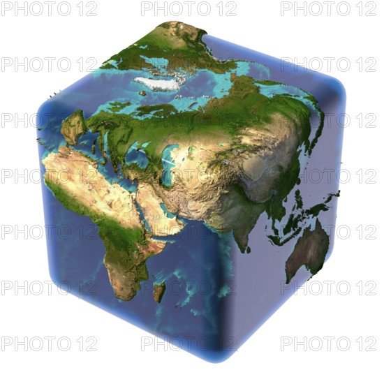 Earth as a cube with translucent body of water and a detailed relief map of the continents and
