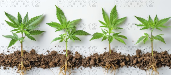 Four small cannabis plants growing in soil on a white background, AI generated