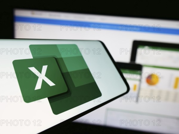 Stuttgart, Germany, 09-21-2023: Smartphone with logo of spreadsheet editor Microsoft Excel on