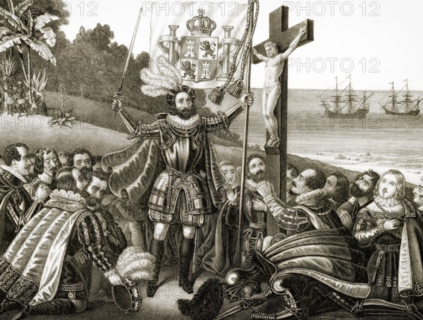 Christopher Columbus landing at San Salvador Island on 12 October 1492, later called Watling