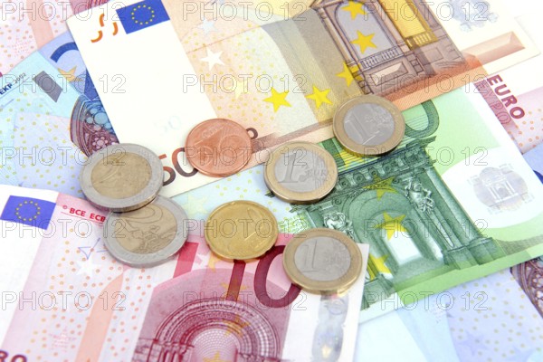 Euro coins, coin money, euro banknotes, money