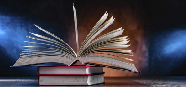 A composition with an open book lying on a stack of other books