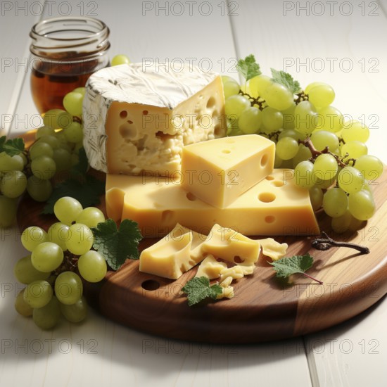Ai generated, cheese with red wine grapes and sausage on a wooden table